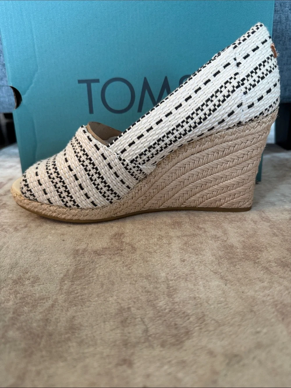 TOMS Michelle Cream and Black Woven Espadrille Wedge Peep Toe